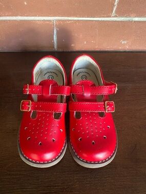 Kids Red Leather Double-Strap Mary Jane Shoes